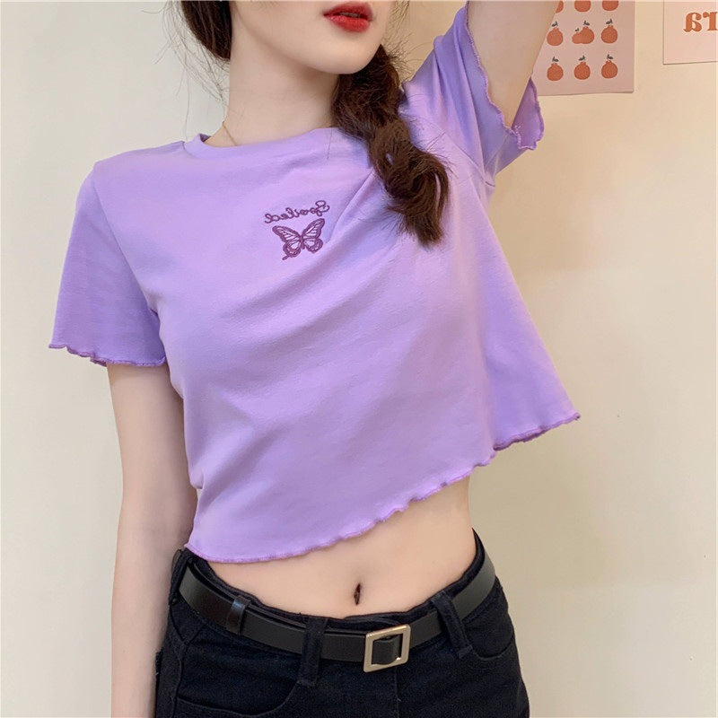 Embroidered Butterfly Short Sleeve Crop Top for Women
