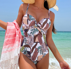Tropical Palm Print Deep-V One-Piece Swimsuit
