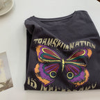 Butterfly Print Stretch Crop Top T-Shirt (All Cotton)
