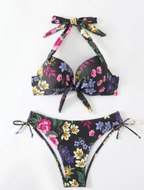 Tropical Print Bandeau Bikini Set with Tassels