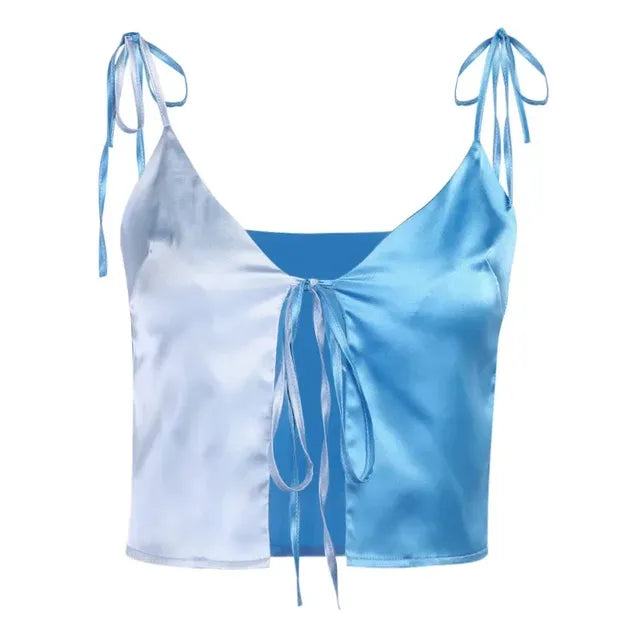 Casual Blue Satin V-neck Crop Top for Women