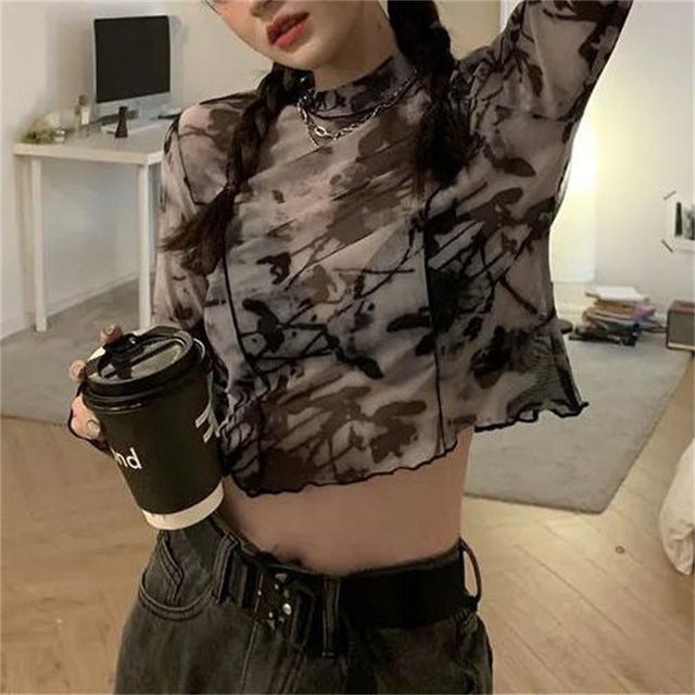 Korean Y2K Women's Tie-Dye Mesh Long Sleeve Crop Top
