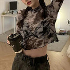 Korean Y2K Women's Tie-Dye Mesh Long Sleeve Crop Top