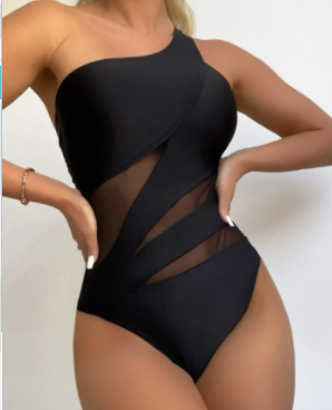 One-Shoulder Mesh Cutout One-Piece Swimsuit