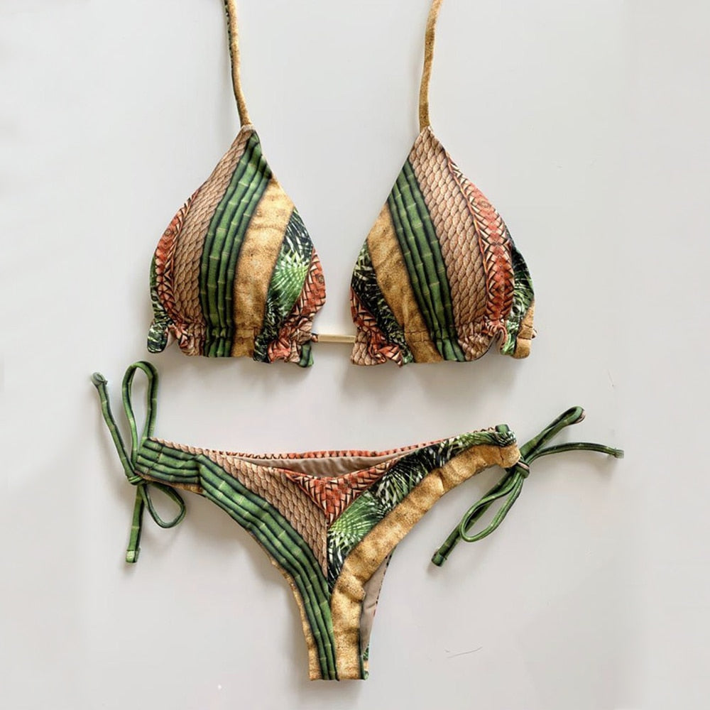 Feather Print Push-Up Tassel Bikini Set