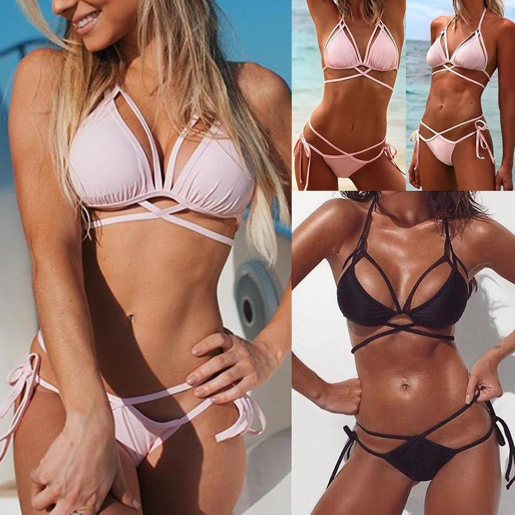 Pink Strappy Lace-Up Triangle Bikini Set