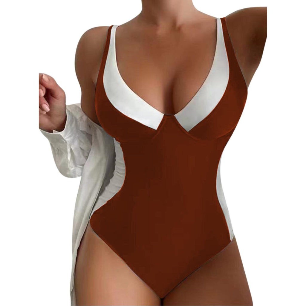 Women's V-Neck Colorblock One-Piece Swimsuit