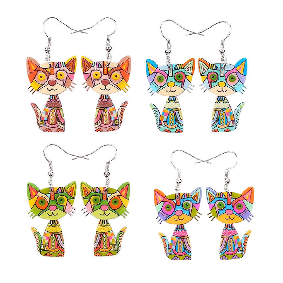 Colorful Painted Cat Drop Earrings