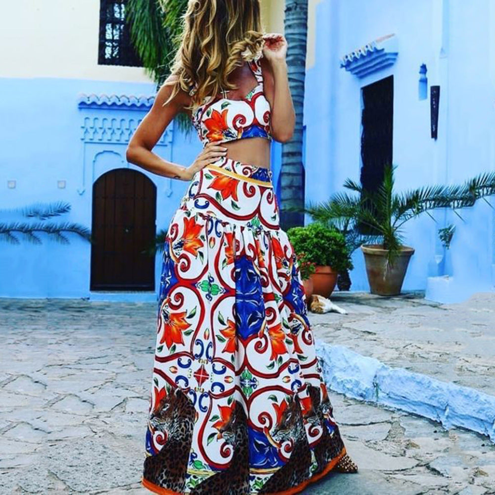 Floral Print Spaghetti-Strap Dress Suit for Beach