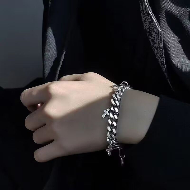 Titanium Steel Cross Charm Cuban Bracelet