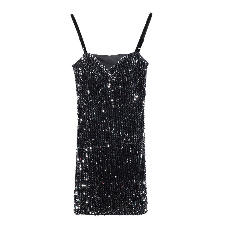 Sequin A-Line Dress with V-Neck and Spaghetti Straps