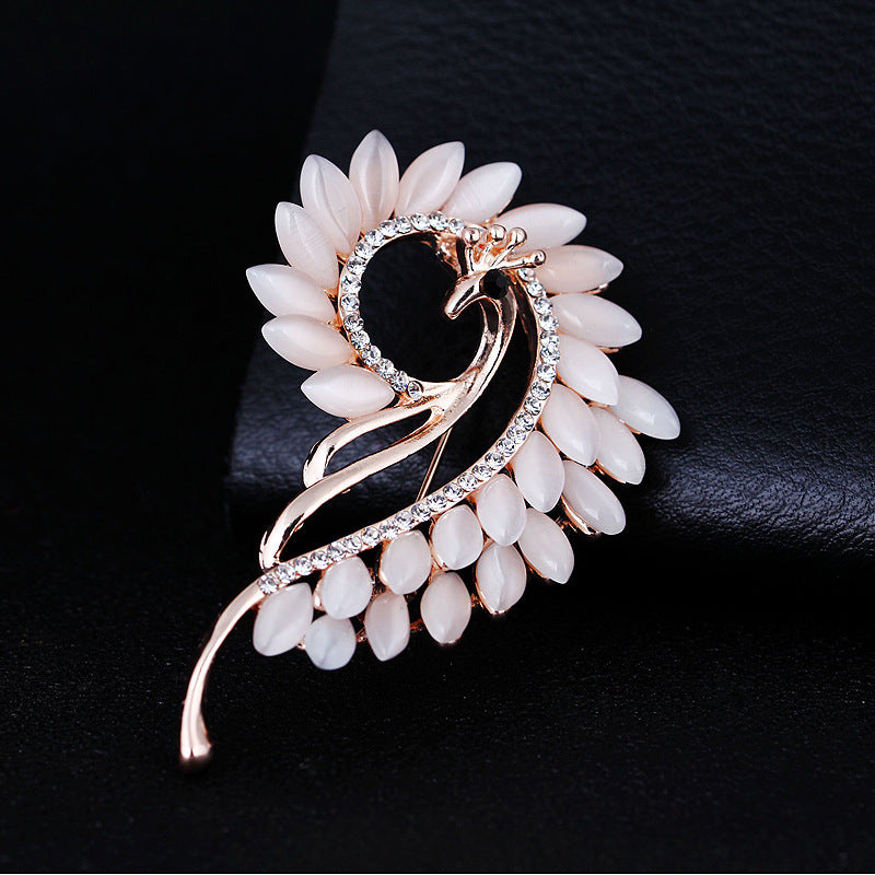 Cat Eye Stone Peacock Brooch with Rhinestones