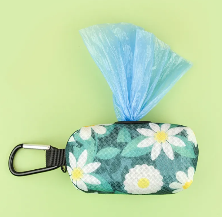 Dog Poop Bag Dispenser Pouch Clip-On Leash Holder with Carabiner Zippered Waste Bag Case Floral Print for Walks and Travel