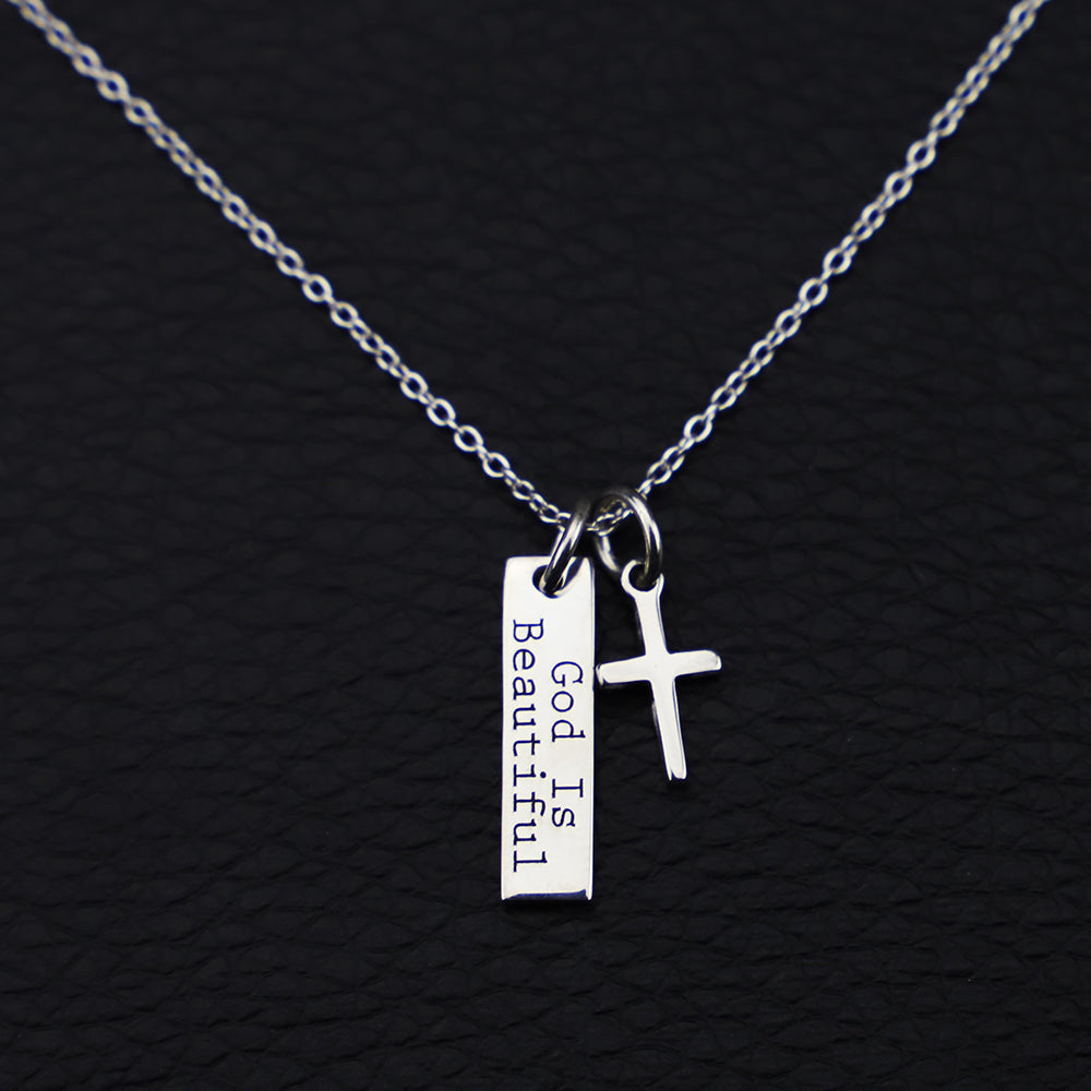God Is Beautiful Bar and Cross Pendant Necklace