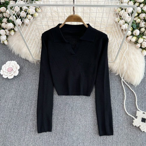 Slim Knitted Long Sleeve Turn Down Collar Crop Top