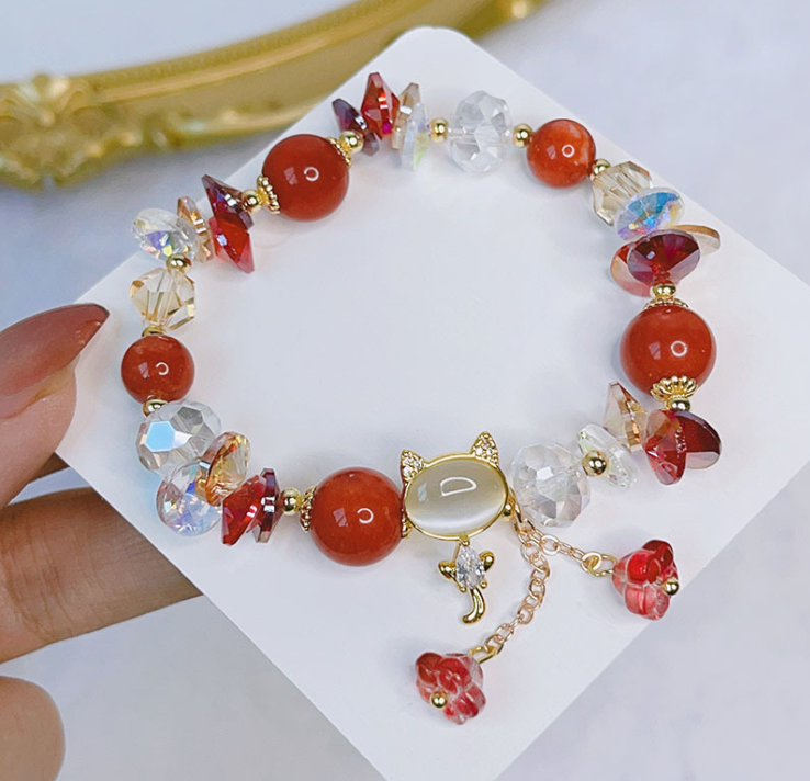 Green Crystal Beaded Bracelet with Opal Cat Charm