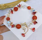 Green Crystal Beaded Bracelet with Opal Cat Charm