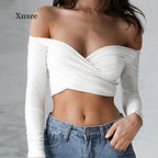 Summer Women's Off Shoulder V Neck Crop Top (S-XL)