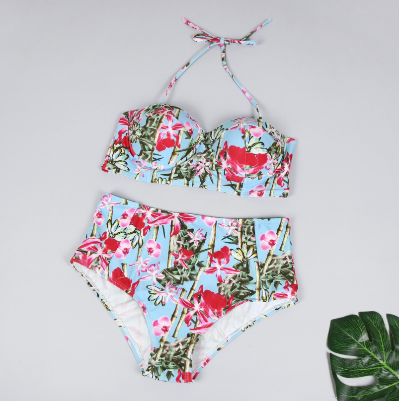 Tropical Floral Bustier High-Waist Bikini Set