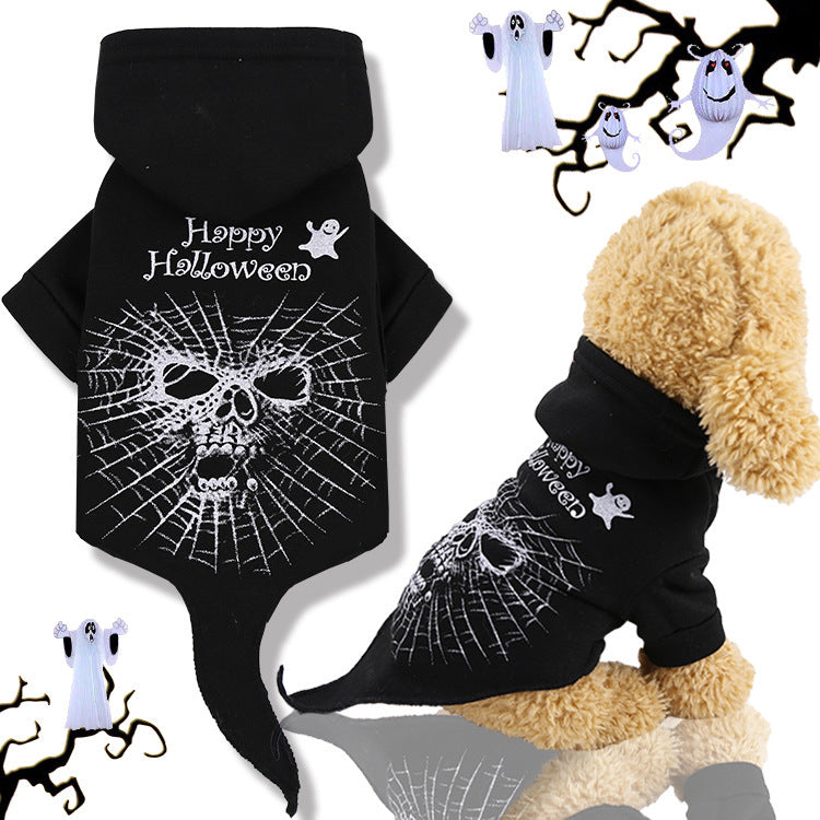 Halloween Dog Hoodie Skull Spiderweb Print Fleece Pet Sweater Costume with Hood, XS-2XL for Small Dogs and Cats