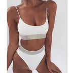 Women's Wine Red Rhinestone High-Waist Bikini Set