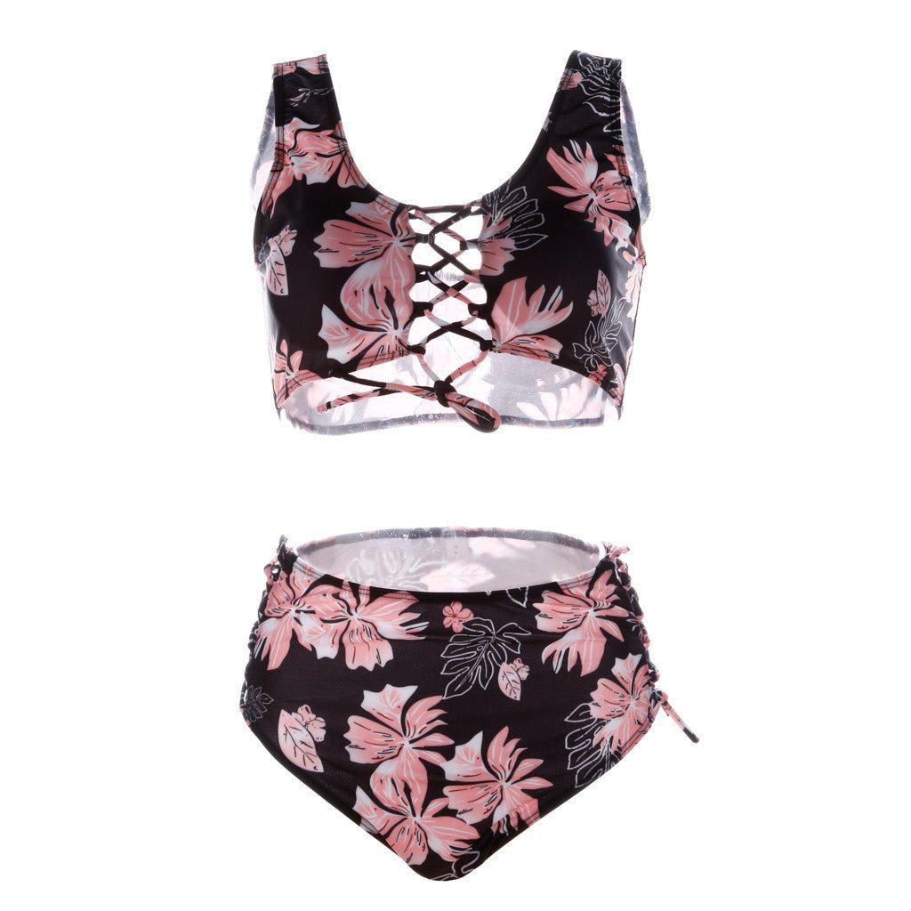 Tropical Lace-Up High-Waist Bikini Set
