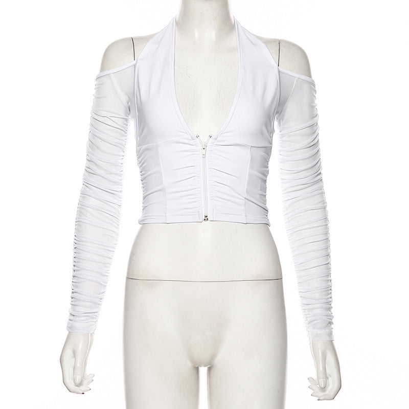 Sheer Long Sleeve Backless Crop Top with Zipper