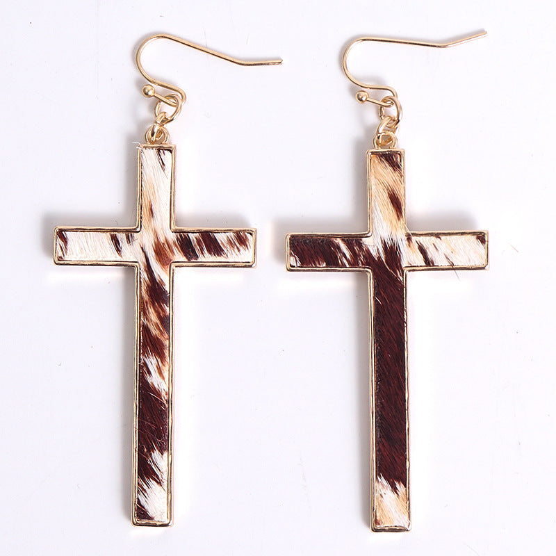 Leopard Print Cross Drop Earrings