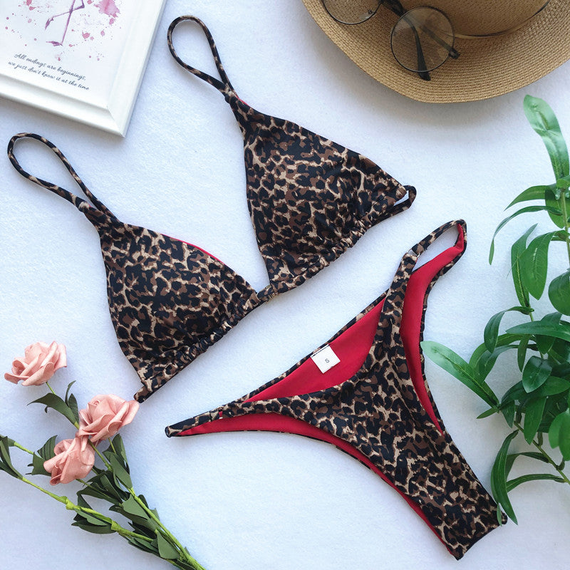 Leopard Print Triangle String Bikini Set