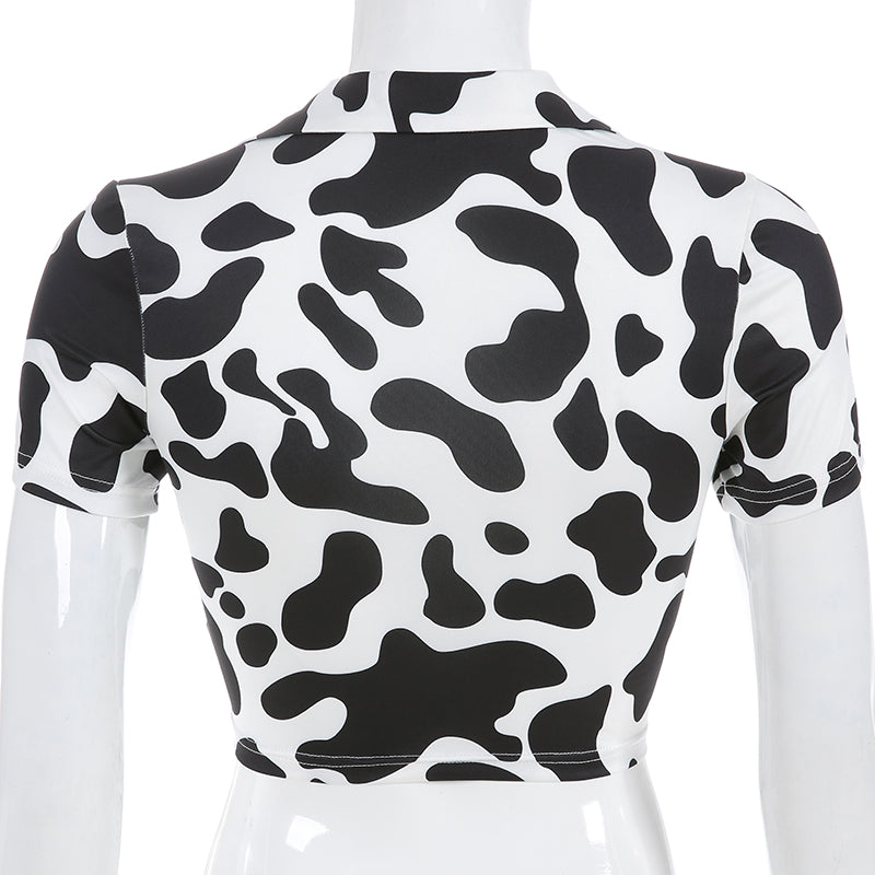 V-Neck Short Sleeve Cow Print Crop Top with Cutout Ring