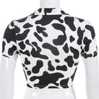 V-Neck Short Sleeve Cow Print Crop Top with Cutout Ring