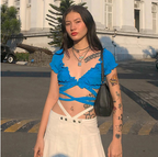 Deep V-Neck Ruffle Edge Crop Top with Ties