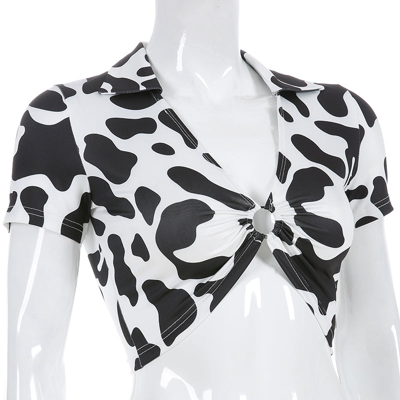 V-Neck Short Sleeve Cow Print Crop Top with Cutout Ring