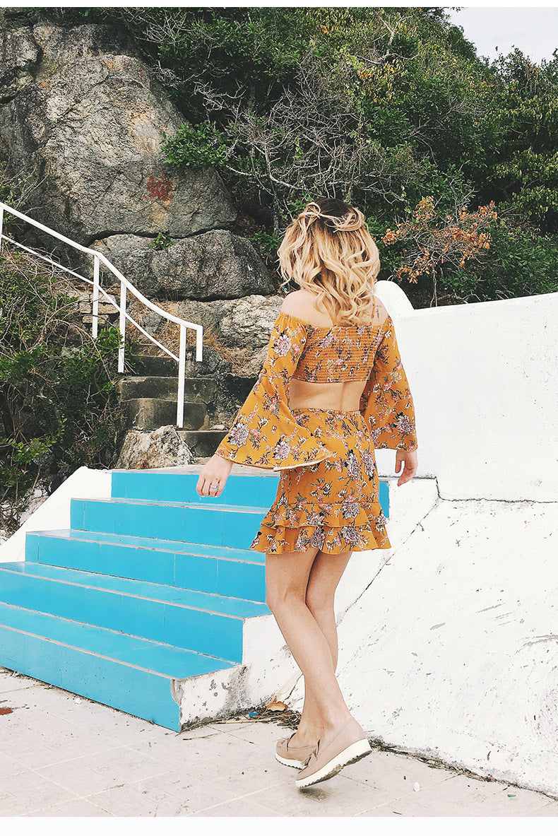 LIVA Bohemian Printed Crop Top and Chiffon Skirt Set