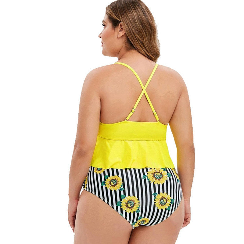 Plus Size Ruffle Tankini with Sunflower High-Waist Bottom