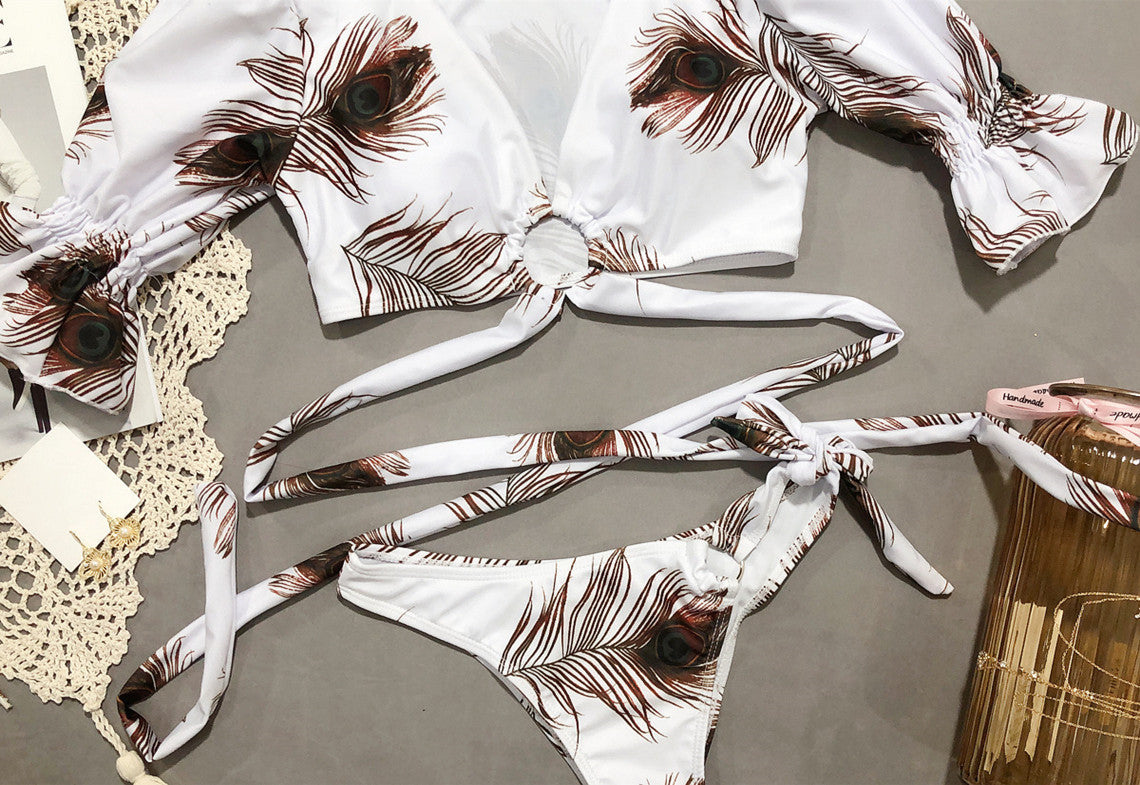 Puff Sleeve Wrap Bikini Set in Leopard Print