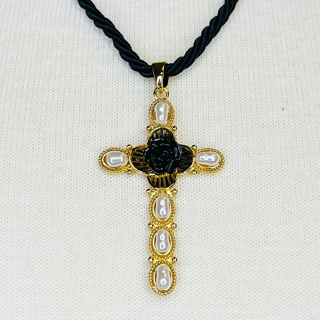 Layered Black Rose Cross Necklace | Christian Jewelry