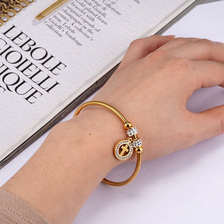 Women's Cross Charm Gold Stainless Steel Bracelet