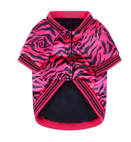 Dog Bomber Jacket Padded Winter Coat - Fleece-Lined Animal Print Snap-Button Pet Coat for Small Medium Dogs, Leopard or Pink Zebra