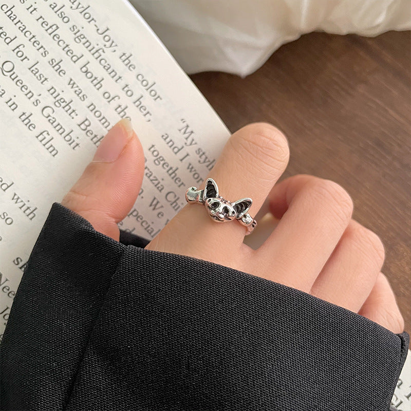 Vintage Silver Cat and Paw Adjustable Ring for Women