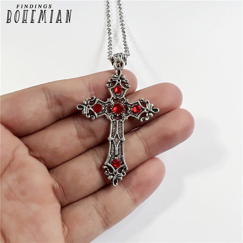 Silver Gothic Cross Necklace with Red Crystals