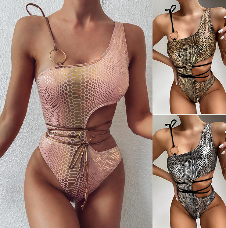 One-Shoulder Snake Print Cutout Monokini