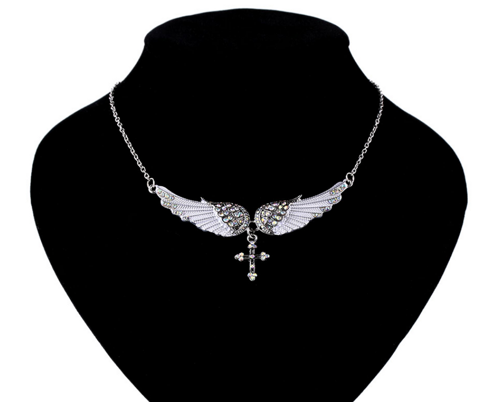 Angel Wings Cross Pendant Necklace with Crystals