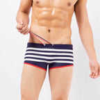 Men's Striped Square-Leg Swim Trunks with Swim Bag