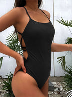 Black Ribbed Backless One-Piece Swimsuit