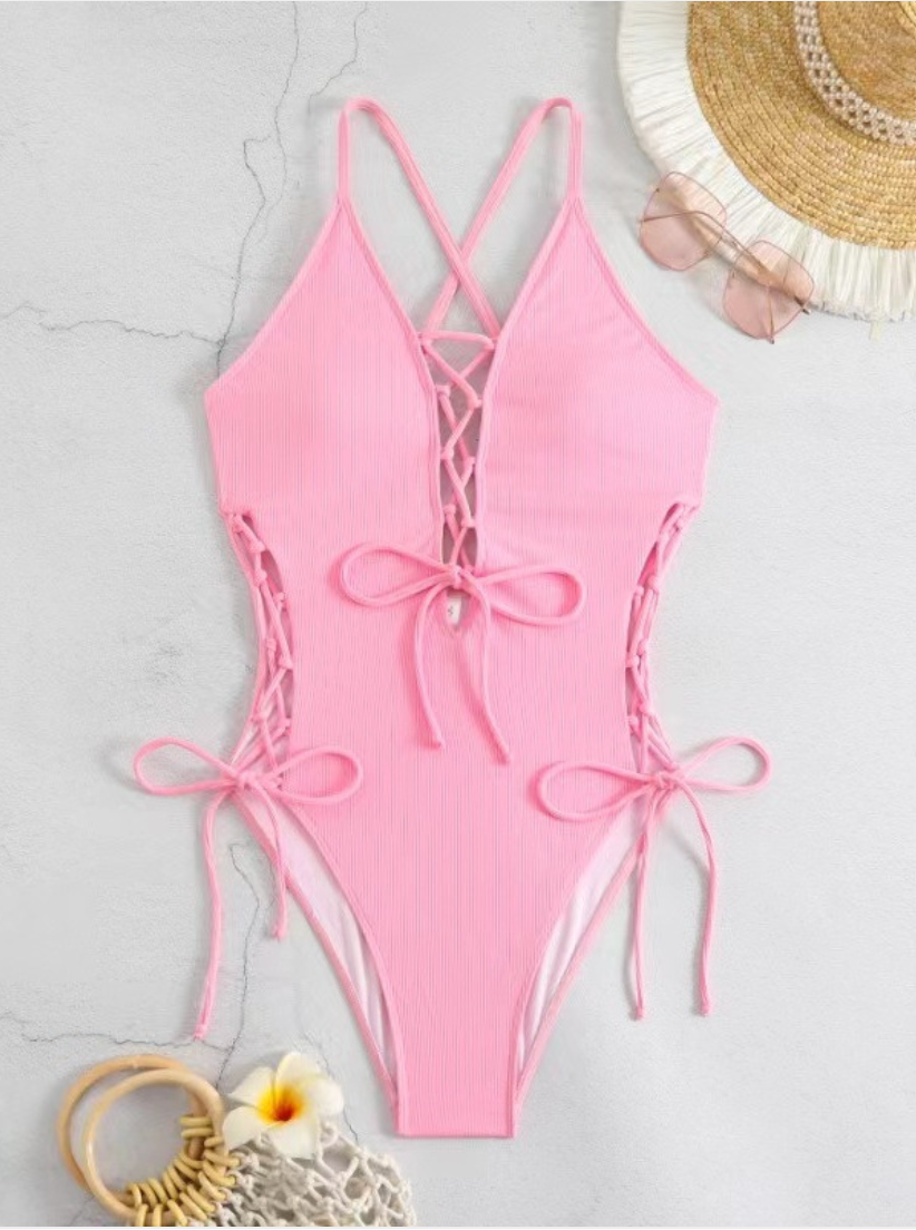 Women's Ribbed Lace-Up Plunge One-Piece Swimsuit