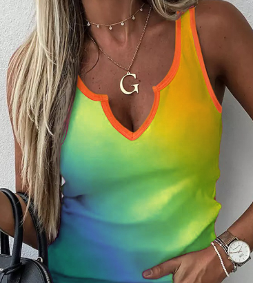 Gradient Notched Neck Casual Sleeveless Women's Tank Top