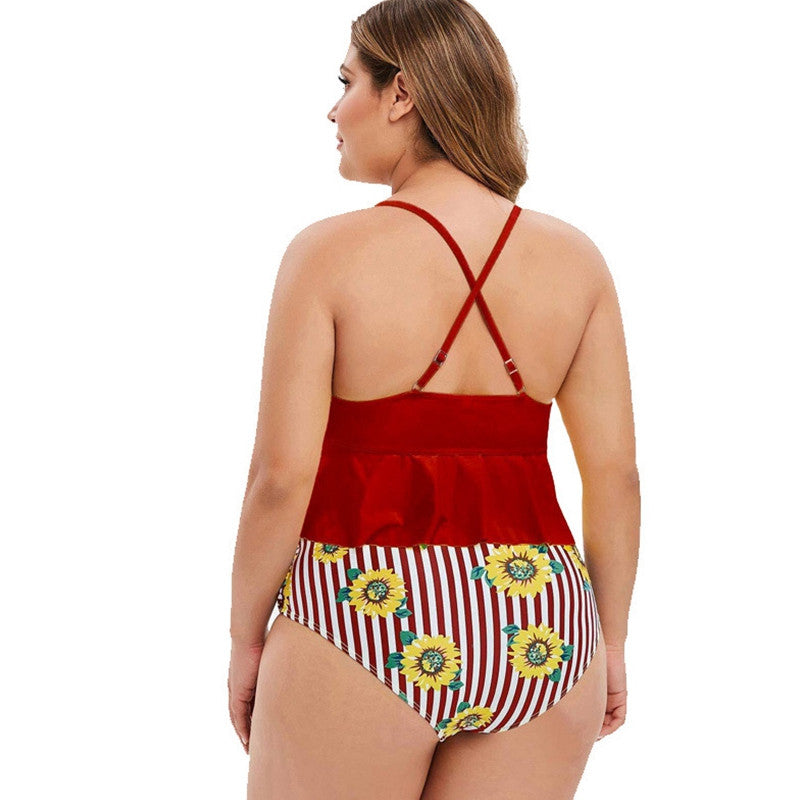 Plus Size Ruffle Tankini with Sunflower High-Waist Bottom