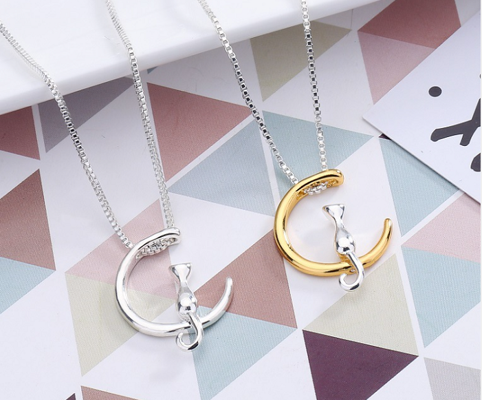 Moon Cat Pendant Necklace with Minimalist Design