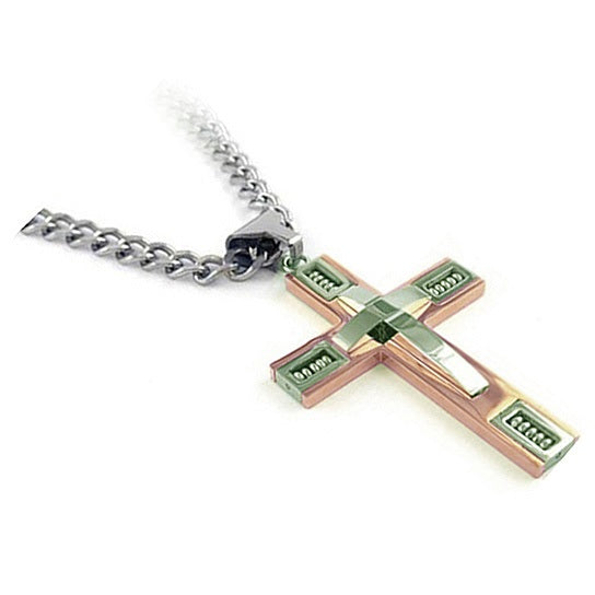 Two-Tone Cross Pendant Curb Chain Necklace for Men